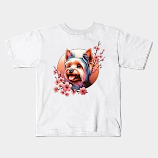 Silky Terrier's Spring Joy Among Cherry Blossoms Kids T-Shirt